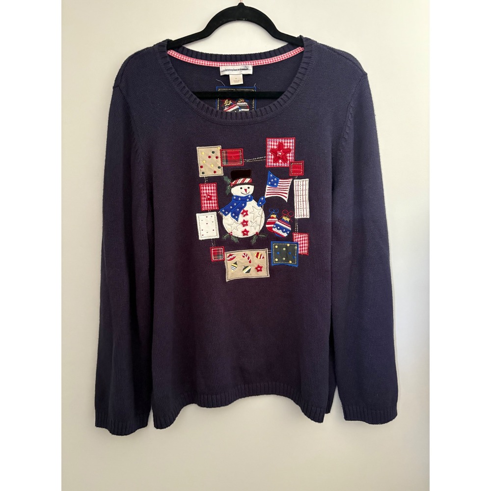 Christopher & Banks Patriotic Snowman Patchwork Holiday Sweater Sz XL Christmas